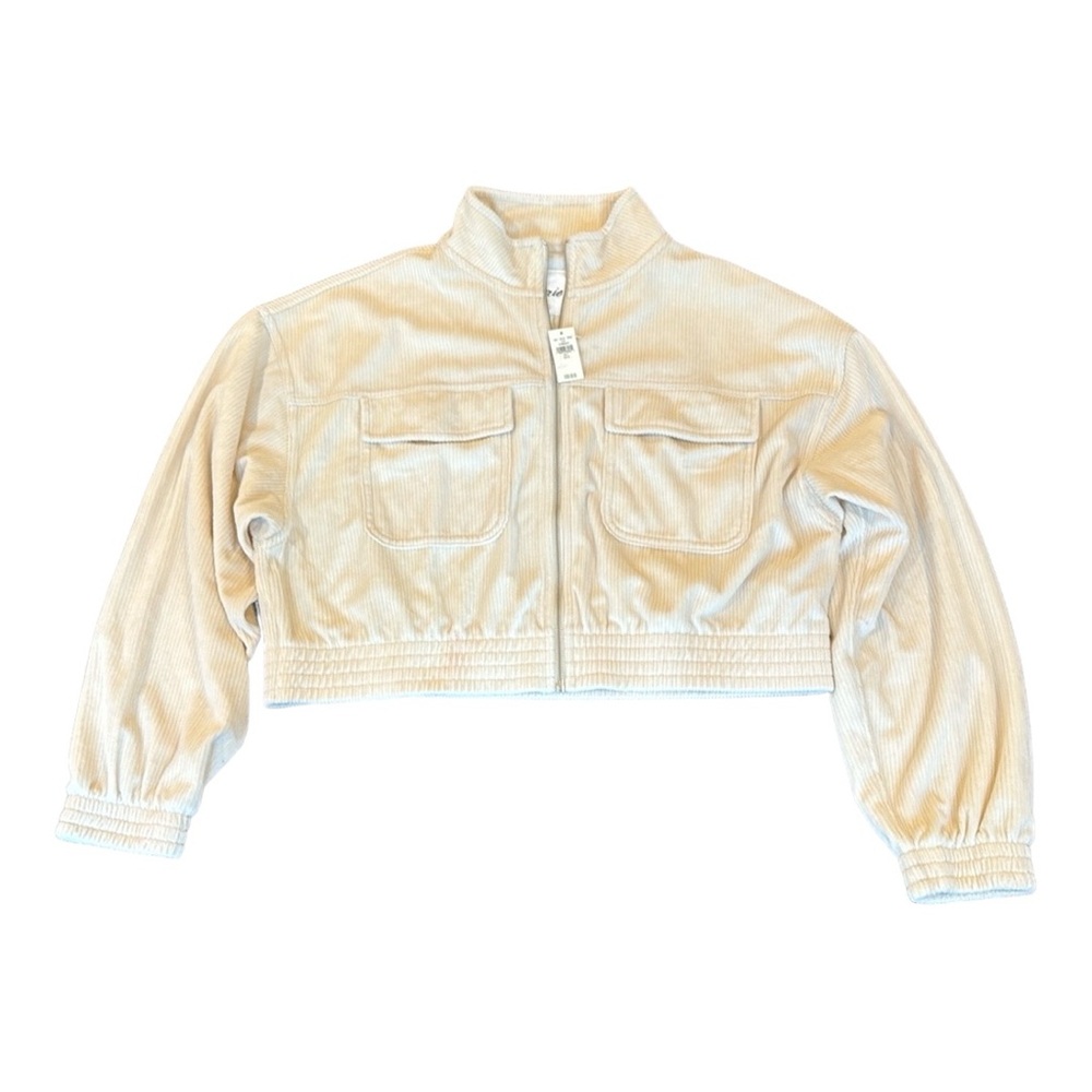 NWT Aerie Groove On Full Zip Soft Velour Cropped Beige Ribbed Jacket Size L